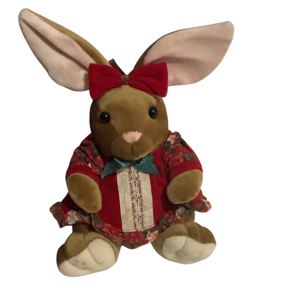 Vtg The Velveteen Rabbits Plush Doll 1995 Commonwealth Toy 13.5” Red Dress Bows